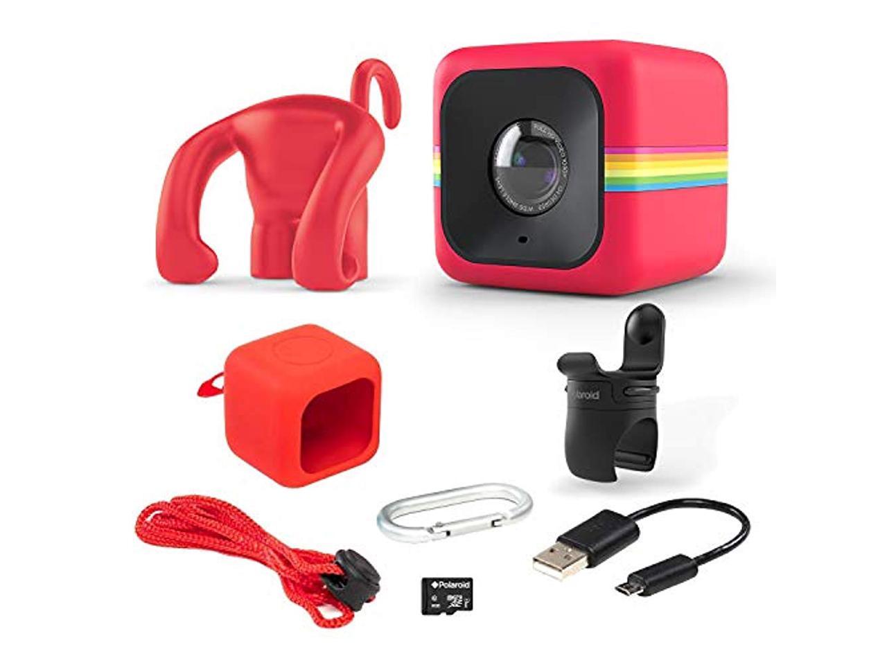 polaroid lifestyle cube act two hd 1080p waterproof action & underwater wide angle sports video mini camera bundle red
